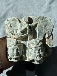 Four Gandhara grey schist fragments with Buddha and Bodhisattva, 1st/3rd C.