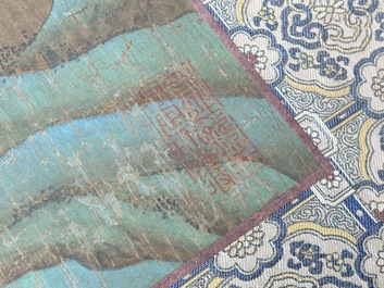 Chinese school: 'Sages in a lake landscape', ink and colour on silk, Ming or later