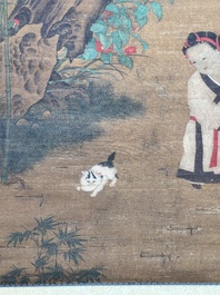 Follower of Su Hanchen 蘇漢臣 (1094-1172): 'Child playing with a cat', ink and colour on silk, Ming or later