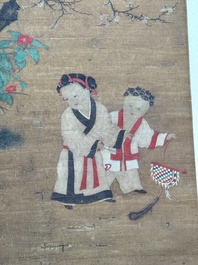 Follower of Su Hanchen 蘇漢臣 (1094-1172): 'Child playing with a cat', ink and colour on silk, Ming or later