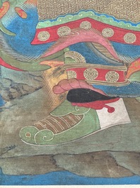 Chinese school: 'Portrait of a general with two servants', ink and colour on silk, Ming or later