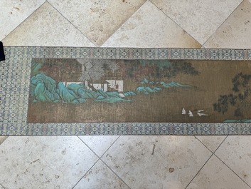 Chinese school: 'Sages in a lake landscape', ink and colour on silk, Ming or later