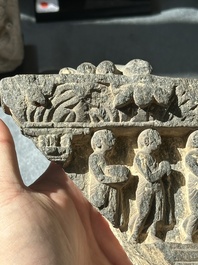 A collection of six Gandhara grey schist fragments with Bodhisattva, divinities and figures, 2/4th C.