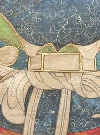 Chinese school: 'Portrait of a general with two servants', ink and colour on silk, Ming or later