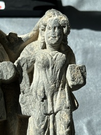 Four Gandhara grey schist fragments with Buddha and Bodhisattva, 1st/3rd C.