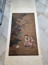 Follower of Su Hanchen 蘇漢臣 (1094-1172): 'Child playing with a cat', ink and colour on silk, Ming or later