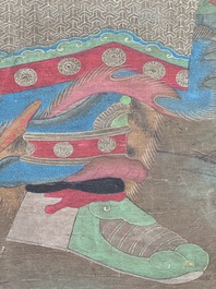 Chinese school: 'Portrait of a general with two servants', ink and colour on silk, Ming or later