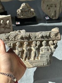 A collection of six Gandhara grey schist fragments with Bodhisattva, divinities and figures, 2/4th C.