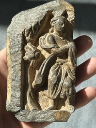 A collection of six Gandhara grey schist fragments with Bodhisattva, divinities and figures, 2/4th C.