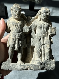 Four Gandhara grey schist fragments with Buddha and Bodhisattva, 1st/3rd C.