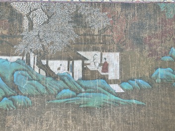 Chinese school: 'Sages in a lake landscape', ink and colour on silk, Ming or later