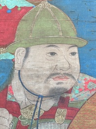 Chinese school: 'Portrait of a general with two servants', ink and colour on silk, Ming or later