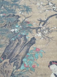 Follower of Su Hanchen 蘇漢臣 (1094-1172): 'Child playing with a cat', ink and colour on silk, Ming or later