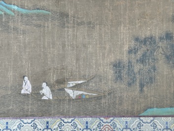 Chinese school: 'Sages in a lake landscape', ink and colour on silk, Ming or later