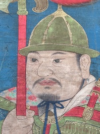 Chinese school: 'Portrait of a general with two servants', ink and colour on silk, Ming or later