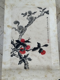 Feng Chaoran 馮超然 (1882-1954) and Jiang Hanting 江寒汀 (1904-1963): 'Peony' and 'Two squirrels on the persimmon tree', ink and colour on paper