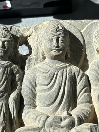 Four Gandhara grey schist fragments with Buddha and Bodhisattva, 1st/3rd C.