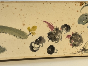 Zhang Daqian 張大千 (1898-1983): 'Fruit and vegetables', ink and colour on paper, with 'Zitan' wooden box, dated 1957