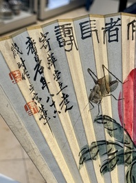Three Chinese fans, ink and colour on paper, signed Qi Baishi 齊白石 (1864-1957), Qi Gong 启功 (1912-2005), Chen Dayu 陈大羽 (1912-2001) and Shi Shuqing 史树青