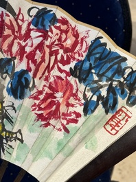 Three Chinese fans, ink and colour on paper, signed Qi Baishi 齊白石 (1864-1957), Qi Gong 启功 (1912-2005), Chen Dayu 陈大羽 (1912-2001) and Shi Shuqing 史树青