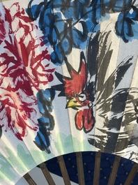 Three Chinese fans, ink and colour on paper, signed Qi Baishi 齊白石 (1864-1957), Qi Gong 启功 (1912-2005), Chen Dayu 陈大羽 (1912-2001) and Shi Shuqing 史树青