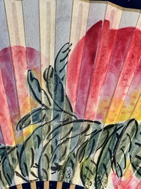Three Chinese fans, ink and colour on paper, signed Qi Baishi 齊白石 (1864-1957), Qi Gong 启功 (1912-2005), Chen Dayu 陈大羽 (1912-2001) and Shi Shuqing 史树青