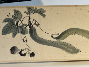 Zhang Daqian 張大千 (1898-1983): 'Fruit and vegetables', ink and colour on paper, with 'Zitan' wooden box, dated 1957