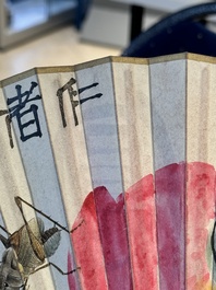 Three Chinese fans, ink and colour on paper, signed Qi Baishi 齊白石 (1864-1957), Qi Gong 启功 (1912-2005), Chen Dayu 陈大羽 (1912-2001) and Shi Shuqing 史树青