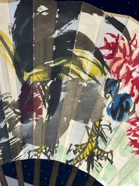 Three Chinese fans, ink and colour on paper, signed Qi Baishi 齊白石 (1864-1957), Qi Gong 启功 (1912-2005), Chen Dayu 陈大羽 (1912-2001) and Shi Shuqing 史树青