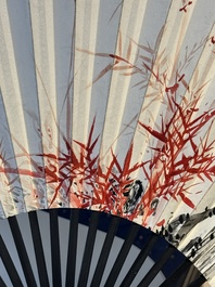 Three Chinese fans, ink and colour on paper, signed Qi Baishi 齊白石 (1864-1957), Qi Gong 启功 (1912-2005), Chen Dayu 陈大羽 (1912-2001) and Shi Shuqing 史树青