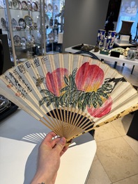 Three Chinese fans, ink and colour on paper, signed Qi Baishi 齊白石 (1864-1957), Qi Gong 启功 (1912-2005), Chen Dayu 陈大羽 (1912-2001) and Shi Shuqing 史树青