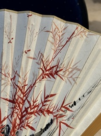 Three Chinese fans, ink and colour on paper, signed Qi Baishi 齊白石 (1864-1957), Qi Gong 启功 (1912-2005), Chen Dayu 陈大羽 (1912-2001) and Shi Shuqing 史树青