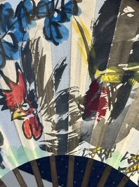 Three Chinese fans, ink and colour on paper, signed Qi Baishi 齊白石 (1864-1957), Qi Gong 启功 (1912-2005), Chen Dayu 陈大羽 (1912-2001) and Shi Shuqing 史树青