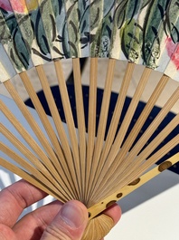 Three Chinese fans, ink and colour on paper, signed Qi Baishi 齊白石 (1864-1957), Qi Gong 启功 (1912-2005), Chen Dayu 陈大羽 (1912-2001) and Shi Shuqing 史树青