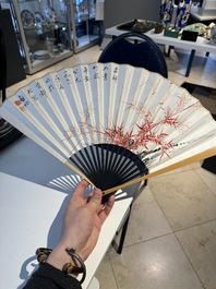 Three Chinese fans, ink and colour on paper, signed Qi Baishi 齊白石 (1864-1957), Qi Gong 启功 (1912-2005), Chen Dayu 陈大羽 (1912-2001) and Shi Shuqing 史树青
