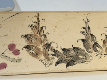 Zhang Daqian 張大千 (1898-1983): 'Fruit and vegetables', ink and colour on paper, with 'Zitan' wooden box, dated 1957