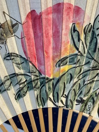 Three Chinese fans, ink and colour on paper, signed Qi Baishi 齊白石 (1864-1957), Qi Gong 启功 (1912-2005), Chen Dayu 陈大羽 (1912-2001) and Shi Shuqing 史树青