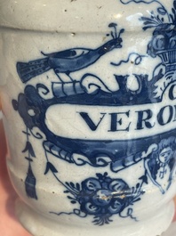 Three blue and white Dutch Delft albarelli, 18th C.