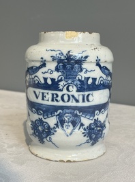 Three blue and white Dutch Delft albarelli, 18th C.