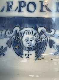 Three blue and white Dutch Delft albarelli, 18th C.