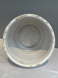 A large Dutch Delft blue and white albarello, inscribed 'Corenten', 18th C.