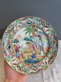 Thirteen Chinese Canton famille rose plates with narrative design, 19th C.