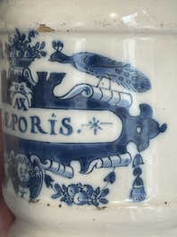 Three blue and white Dutch Delft albarelli, 18th C.