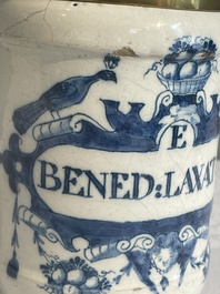 Three blue and white Dutch Delft albarelli, 18th C.