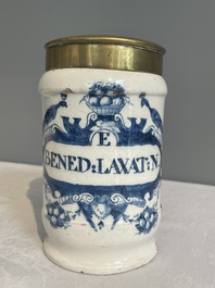 Three blue and white Dutch Delft albarelli, 18th C.