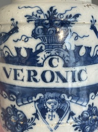 Three blue and white Dutch Delft albarelli, 18th C.