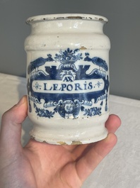 Three blue and white Dutch Delft albarelli, 18th C.