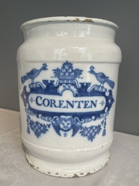 A large Dutch Delft blue and white albarello, inscribed 'Corenten', 18th C.