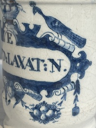 Three blue and white Dutch Delft albarelli, 18th C.