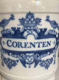 A large Dutch Delft blue and white albarello, inscribed 'Corenten', 18th C.